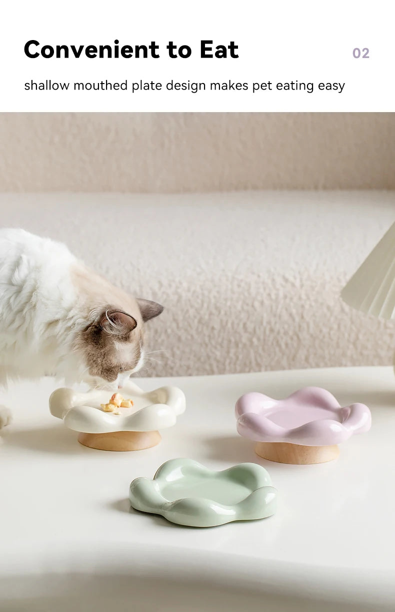 Bol en céramique pour chat, petit animal de compagnie, mangeoires surélevées pour nourriture et eau, chiot, chien, assiette à boire avec support en bois