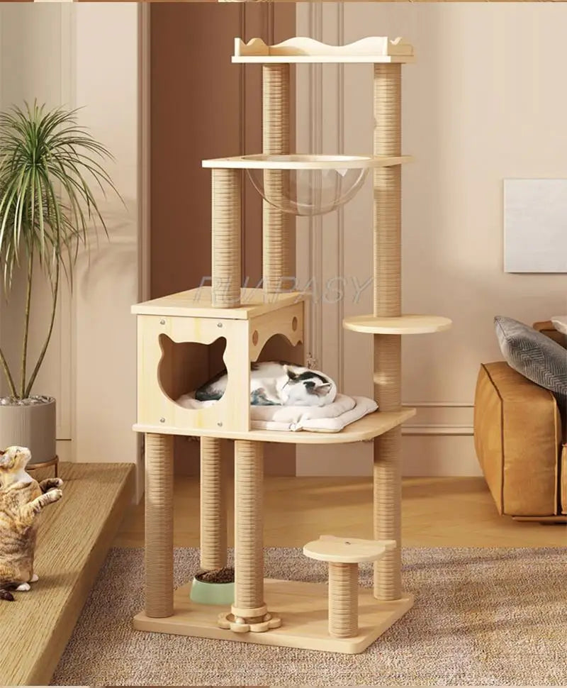 Grand arbre à chat à plusieurs niveaux, étagère d'escalade en bois, capsule spatiale, Post Condo, arbre à chat en sisal, plate-forme de saut à gratter, tour de perchoir, lit jouet