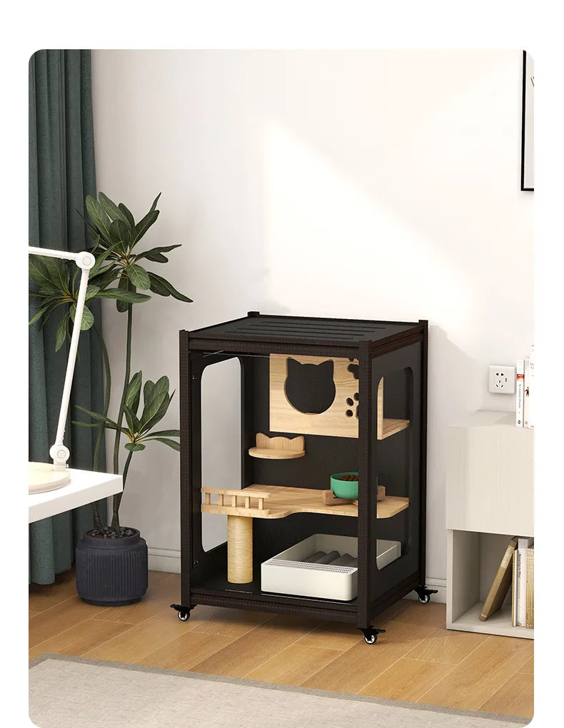 Villa de madera maciza para gatos, mueble para TV de acero y madera, espacio libre personalizado de gran tamaño para interiores, portador de mascotas, muebles para gatos de juguete, cama