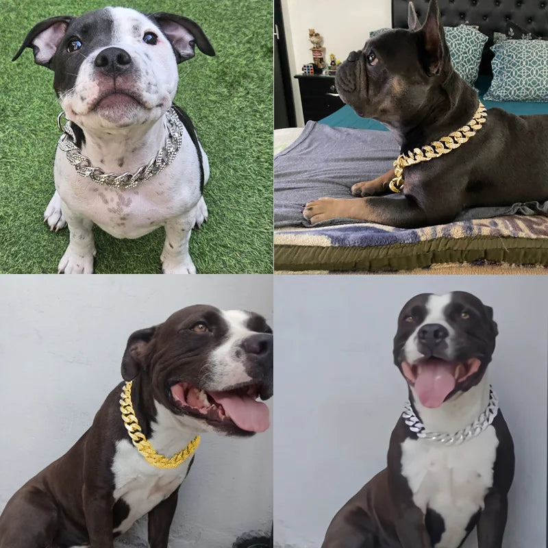 Collar de plástico ABS para perro, cadena con incrustaciones de diamantes, Collar de Bulldog brillante, collares para gatos, accesorios para mascotas, perros pequeños, medianos y grandes, dorado