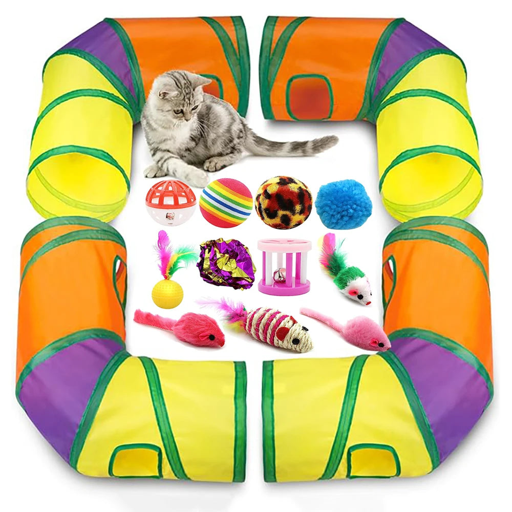 Juego de juguetes interactivos para gatos de interior con forma de L plegable, túnel de juego para gatos, tienda de campaña, varita para gatos, resortes para gatos, juguete para ratón