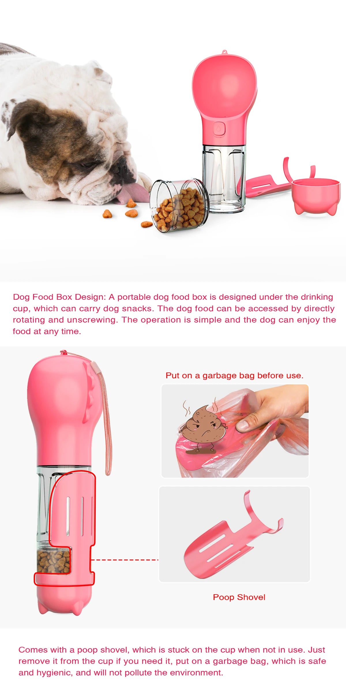 Hello Dog – bouteille d'eau Portable 4 en 1 pour chien et chat, distributeur de nourriture avec pelle à merde et merde, fournitures multifonctions pour animaux de compagnie, accessoires de bol