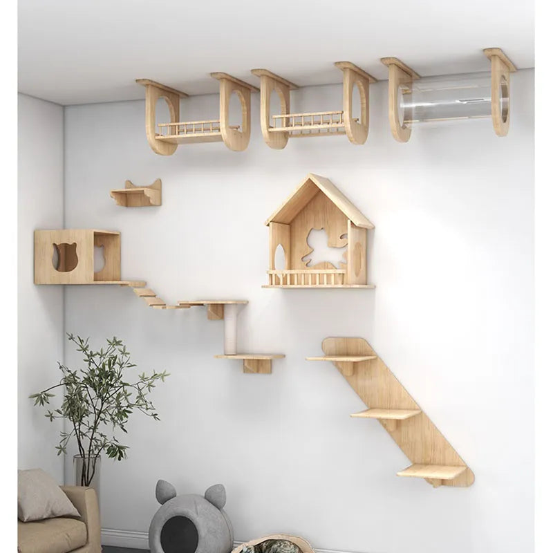 Árbol para gatos, cápsula espacial para pared, marco de escalada, Villa, pasillo de aire, plataforma de túnel de juguete para gatos, productos para mascotas montados en la pared de madera maciza