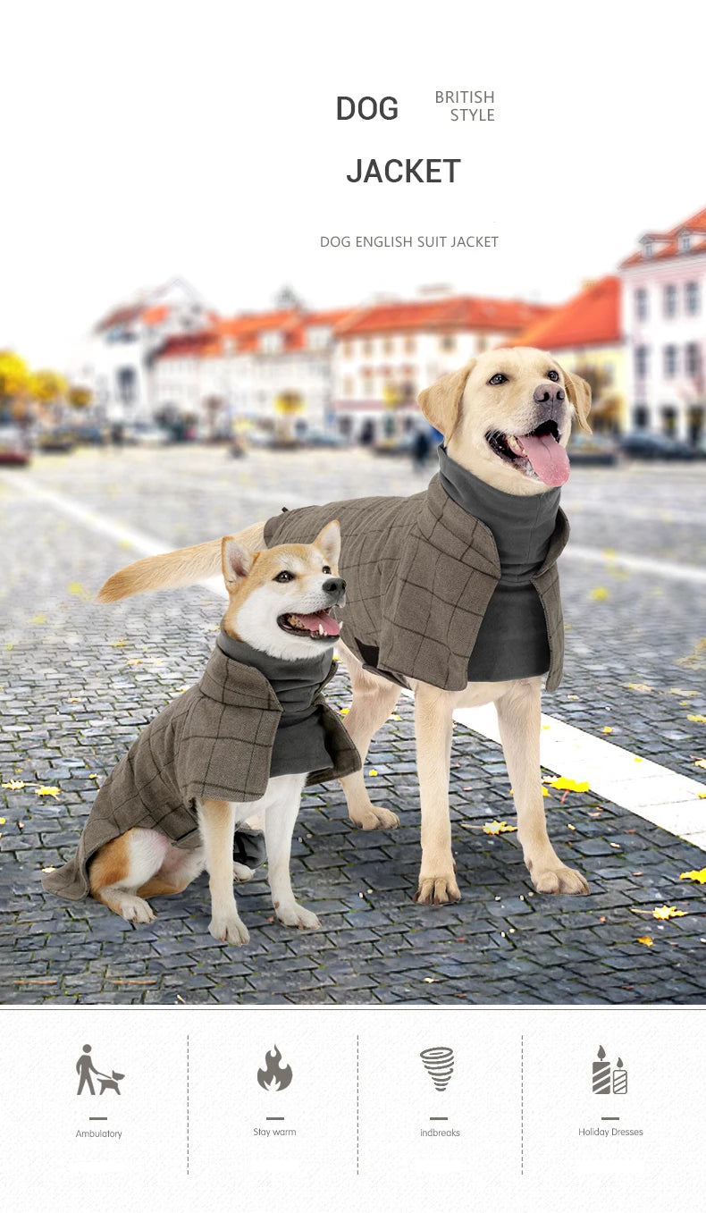 Windproof Plaid Dog Jacket for Male Dogs British Style Autumn Winter Warm Dog Coat Fleece-Lined Adjustable Holiday Formal Dress Fashion Style