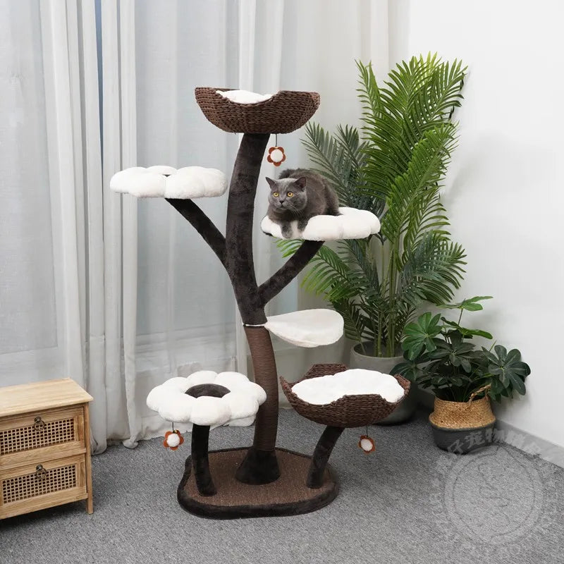 Torre de madera con árbol para gatos, suministros de entrenamiento para gatos, rascadores de torre para mascotas, interior, grande, suministros de ejercicio para mascotas, cama de juguete