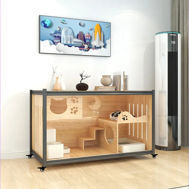 Villa de madera maciza para gatos, mueble para TV de acero y madera, espacio libre personalizado de gran tamaño para interiores, portador de mascotas, muebles para gatos de juguete, cama