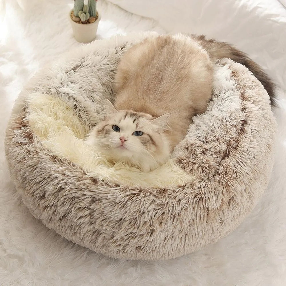 Lit chaud et Long en peluche pour animaux de compagnie, coussin rond fermé pour chat, sac de couchage confortable, nid de chat, chenil pour petit animal de compagnie