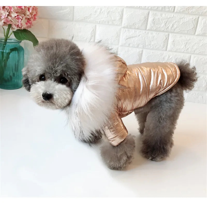 Ropa de invierno para perros, abrigo con Cuello de piel de lujo para perros pequeños, impermeable, a prueba de suciedad, chaqueta hinchada para mascotas con capucha extraíble para Yorkies