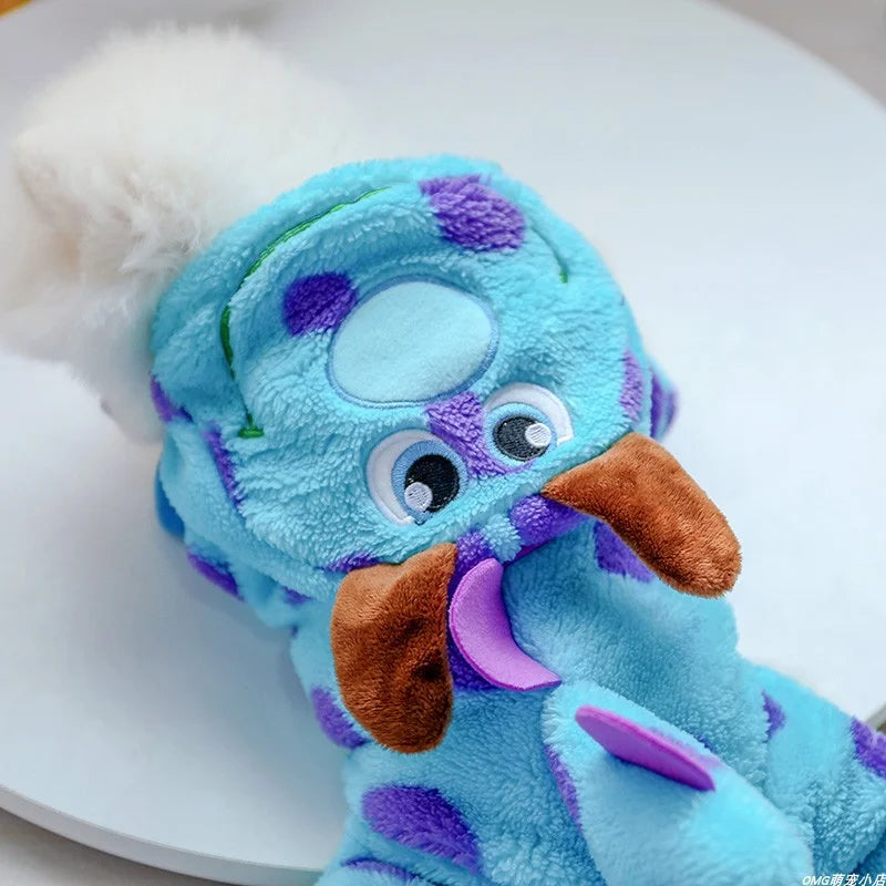 1PC Pet Apparel Dog Autumn and Winter Plush Thickened Blue Dinosaur Monster Four Legs Suitable for Small and Medium sized Dogs