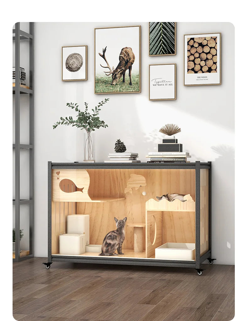 Villa de madera maciza para gatos, mueble para TV de acero y madera, espacio libre personalizado de gran tamaño para interiores, portador de mascotas, muebles para gatos de juguete, cama