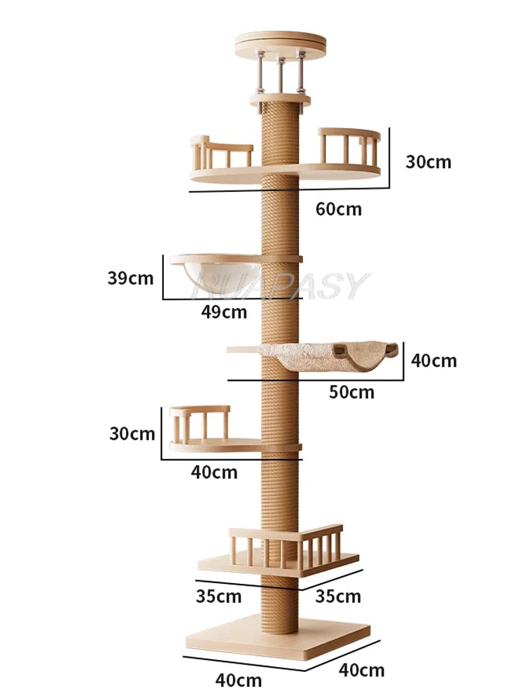 Casa de árbol para gatos trepadora ajustable, torre de juguetes, piso a techo, condominio de varios niveles con poste para rascar, hamaca, estante para Gato