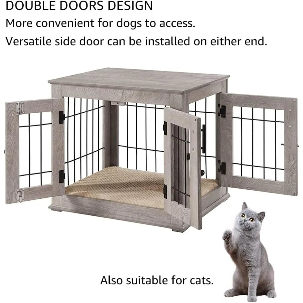 Mesa auxiliar con jaula para perros estilo muebles, perrera de alambre de madera con puertas dobles y cama para mascotas, casa decorativa para perros con jaula para mascotas