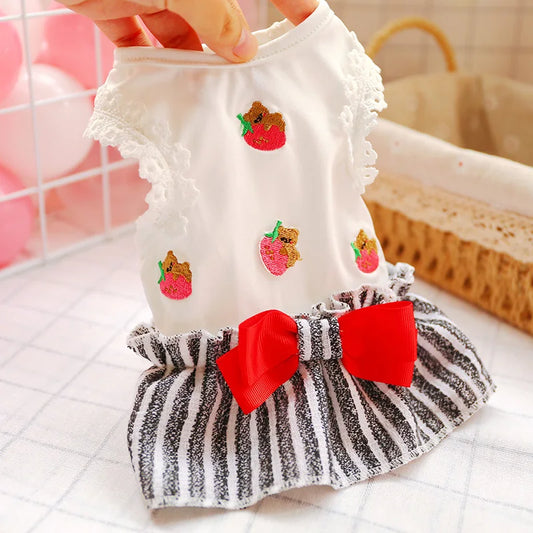 1PC Pet Apparel Dog Spring/Summer Thin White Embroidered Little Bear Pullover Stripe Dress For Small Medium Dogs