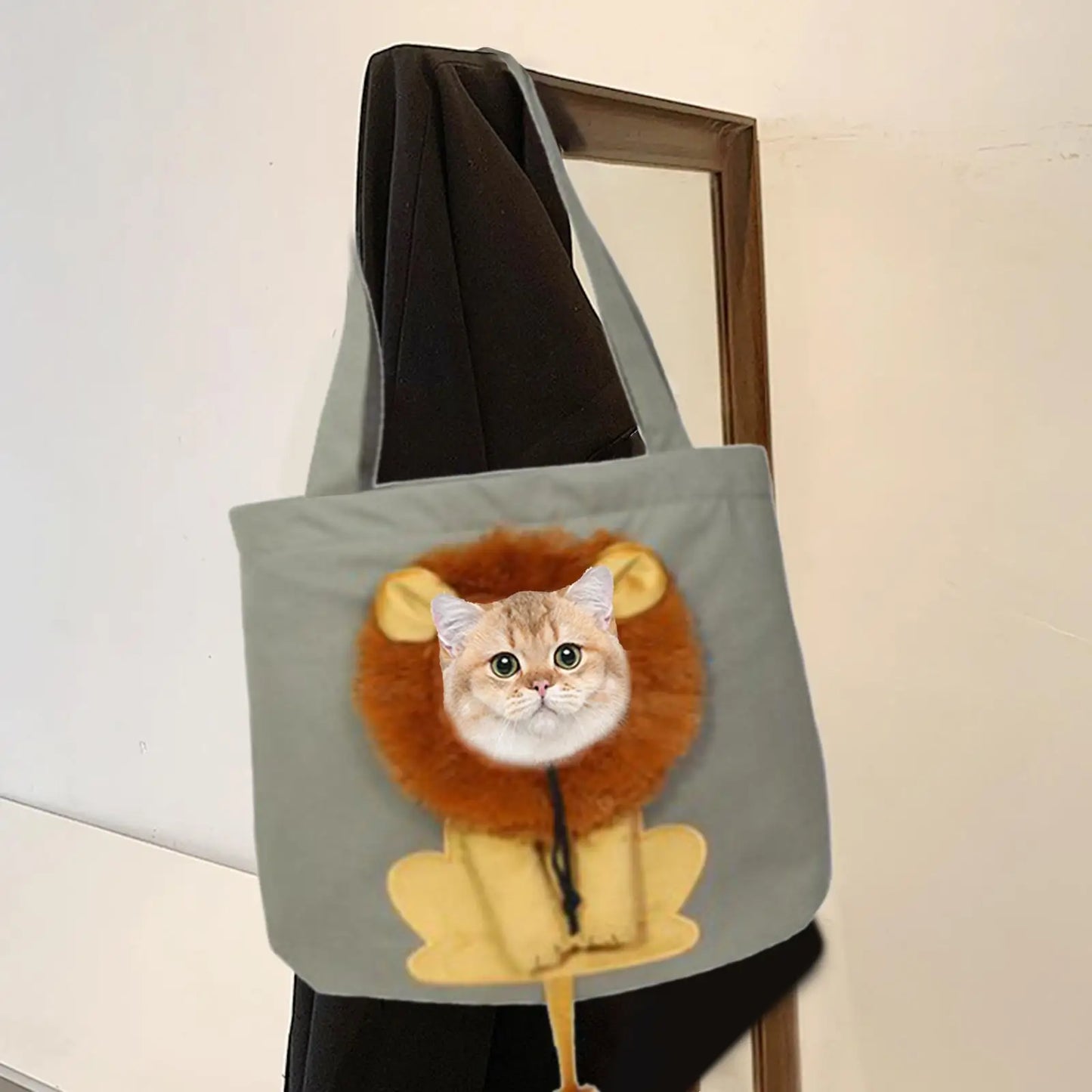 Bolsa de transporte portátil para gatos, bolsa de transporte de viaje con asa, bonita lona transpirable con forma de León para caminar con animales pequeños