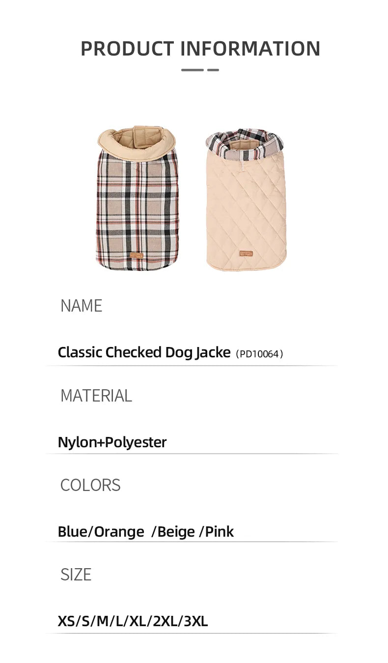 Veste imperméable pour chien, motif à carreaux, vêtements réversibles pour chiens de petite, moyenne et grande taille, manteau doux et chaud avec poitrine Flexible