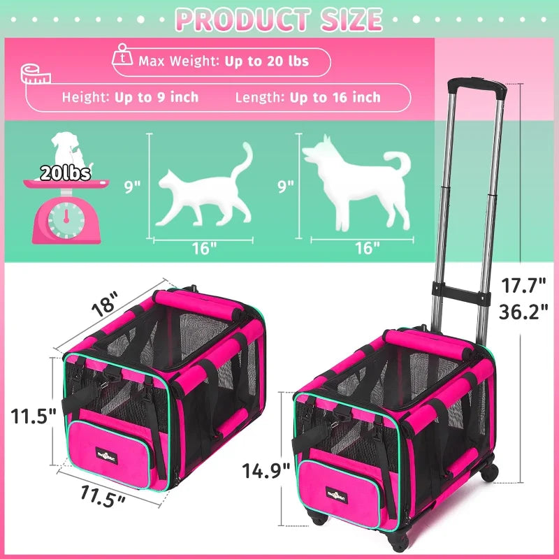 Airline Approved Pet Carrier with Wheels, Foldable Rolling Cat Dog Carrier  Cat Carrier Travel Bag for Cat Dog Under 20 lbs