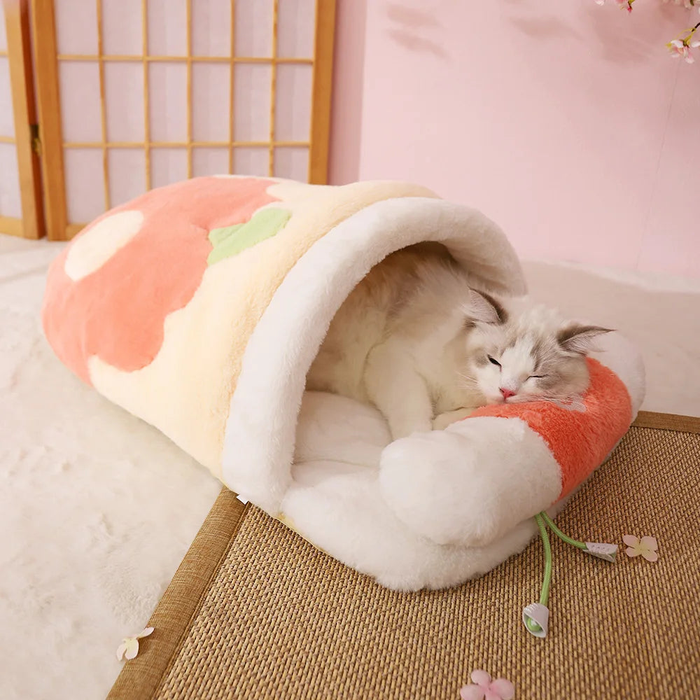 Cama de Gato japonesa Sakura cálida, saco de dormir para gatos, sueño profundo, casa para perros, nido para gatos, cojín con almohada, productos extraíbles para mascotas