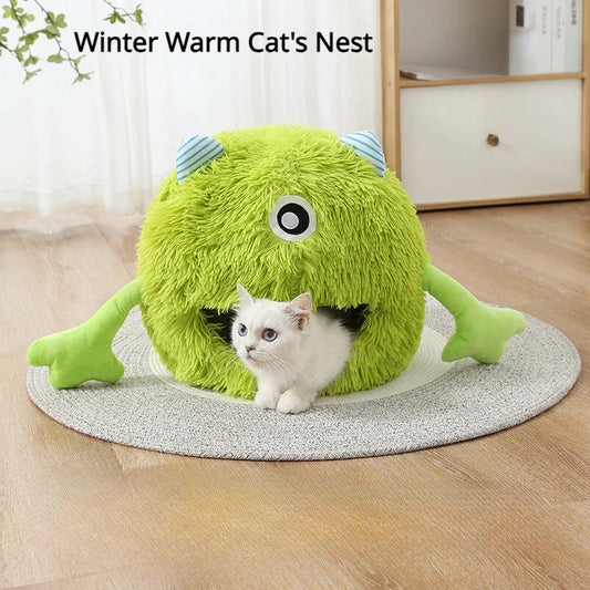 Nuevo producto, cama para mascotas, nido de Gato cálido de invierno, Villa para mascotas con monstruo de peluche, casa para mascotas de dibujos animados desmontable lavable semicerrada para gatos