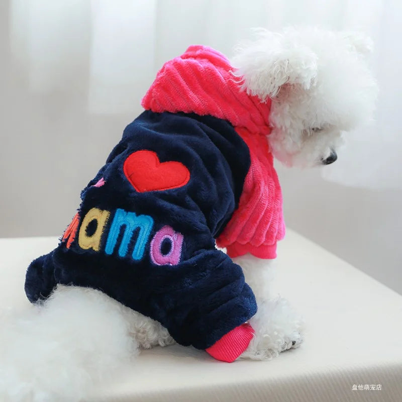 1PC Pet Apparel Dog Autumn and Winter Thickened plush Red I Love MAMA Four legged Coat Suitable for Small and Medium sized Dogs