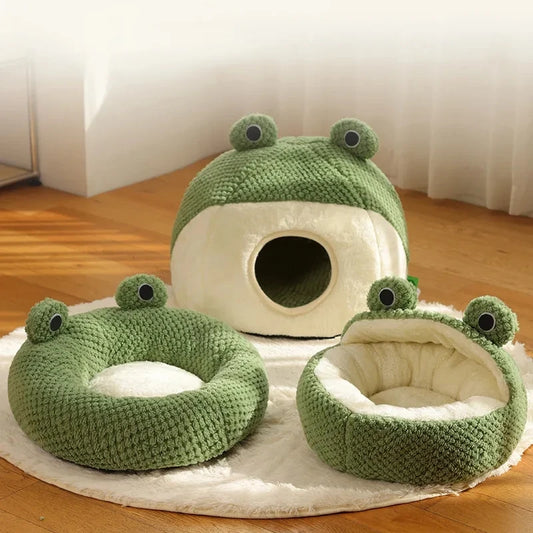 Cama para Gato, cama para perro pequeña, estera redonda de felpa con dibujos de ranas, cálida y profunda comodidad para dormir en invierno, casa para perros y gatos suave y transpirable, suministros para mascotas