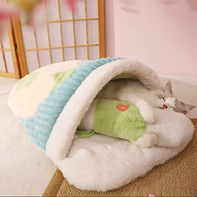 Cama de Gato japonesa Sakura cálida, saco de dormir para gatos, sueño profundo, casa para perros, nido para gatos, cojín con almohada, productos extraíbles para mascotas