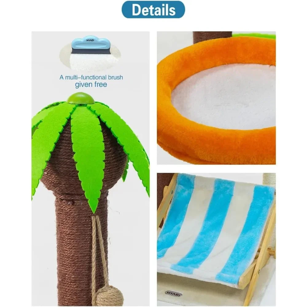 43.3 Inch Cat Coconut Tree Deck, Cat Tree Tower Condo Furniture Plush Apartment Cat Tree