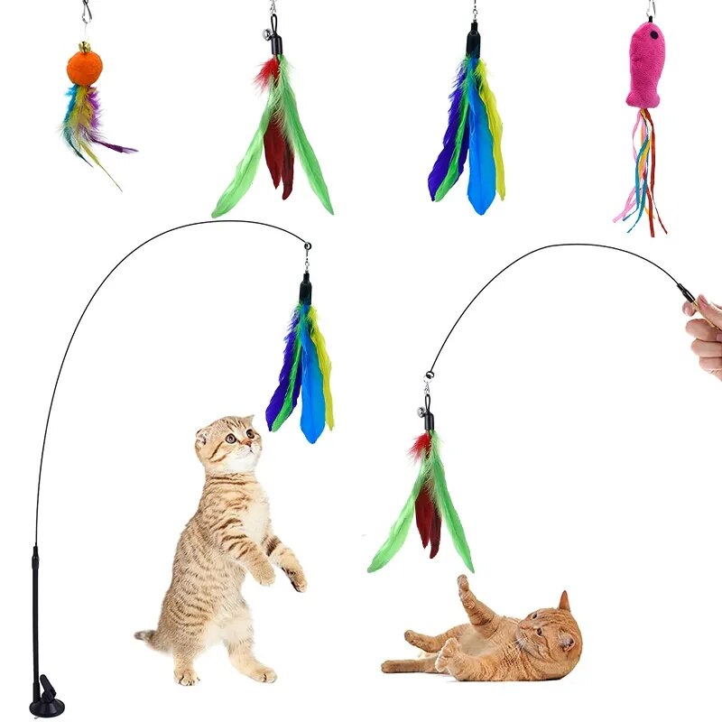 Juguete interactivo para gatos, palo para gato manos libres, juguete para jugar, varita de juguete, ventosa, pájaro/pluma, varita para gato, suministros para mascotas