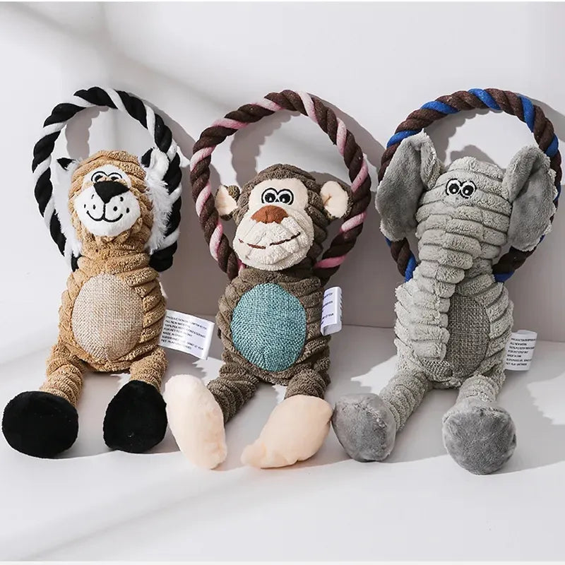 Juguetes de peluche para perros, juguete Animal chillón para perros, resistente a mordeduras, dientes limpios, juguete para masticar, suministros para mascotas, juguetes interactivos, León, elefante, mono