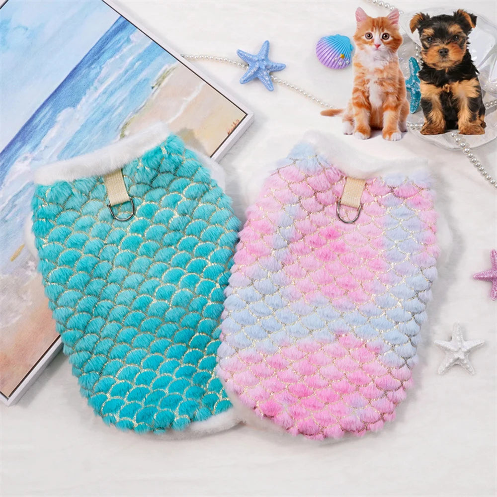 Winter Flannel Dog Clothes Warm Clothing Pet Sweater Dog Shirt Puppy Dog Gradient Color Fish Scales Comfortable Soft Costume Fashion Style