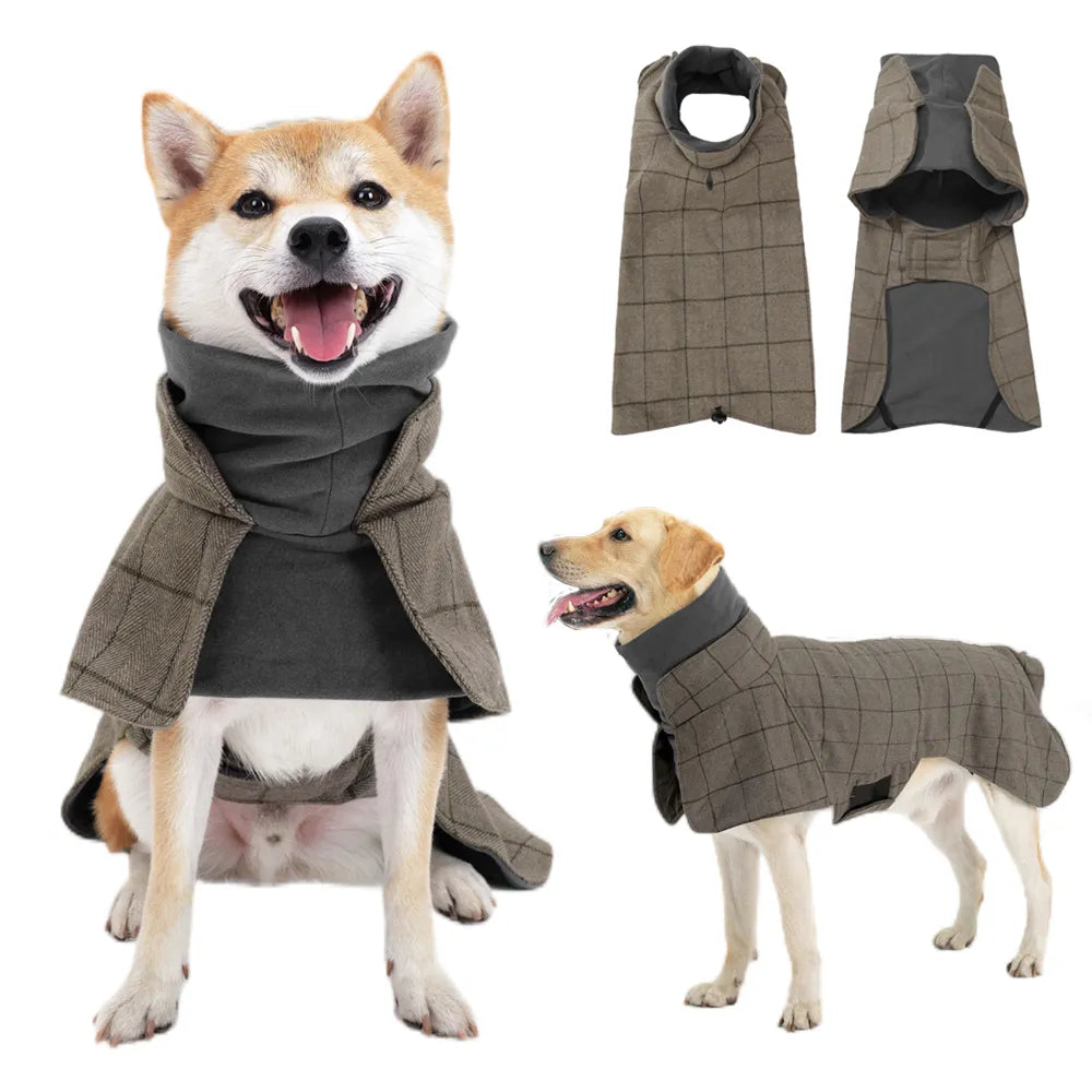 Windproof Plaid Dog Jacket for Male Dogs British Style Autumn Winter Warm Dog Coat Fleece-Lined Adjustable Holiday Formal Dress Fashion Style