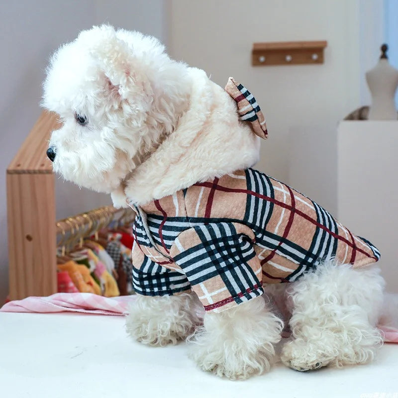 Ropa para mascotas, abrigo de algodón con lazo, gorro grueso y desplumado cálido a cuadros de café, abrigo de algodón adecuado para perros pequeños y medianos, 1 ud.