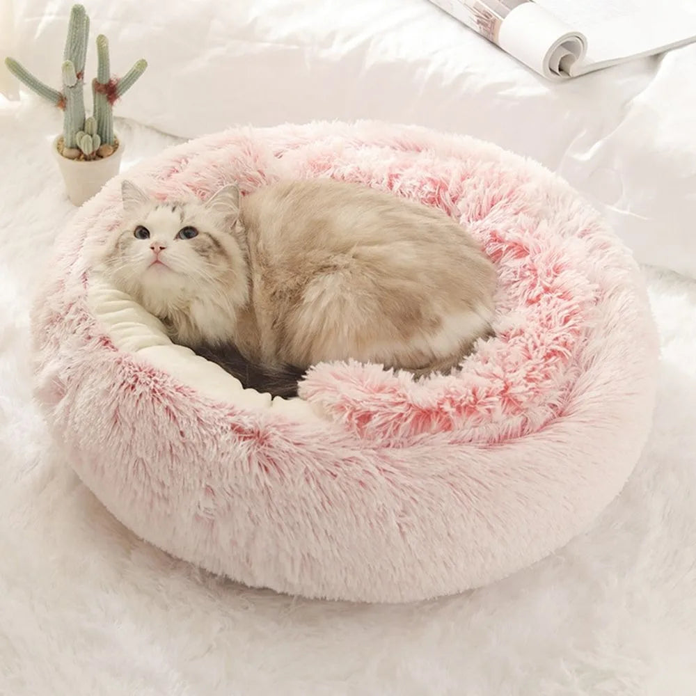 Lit chaud et Long en peluche pour animaux de compagnie, coussin rond fermé pour chat, sac de couchage confortable, nid de chat, chenil pour petit animal de compagnie