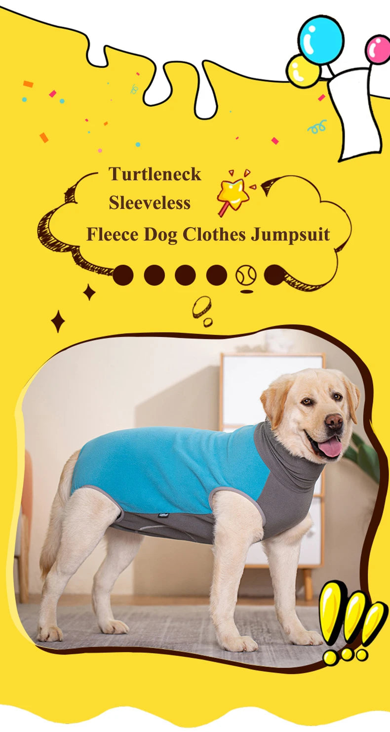 Winter Dog Recovery Suit Back Zipper Fleece Dog Clothes Cuttable Closed Tummy Sleeveless Turtleneck Pet Jumpsuit for Large Dogs Fashion Style