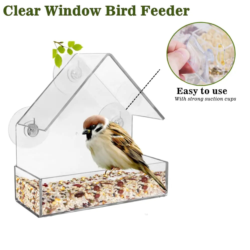 Comedero para pájaros salvajes con ventana, casa, mesa salvaje transparente, ventosas extraíbles, bandeja de alimentación deslizante para jardín, Patio