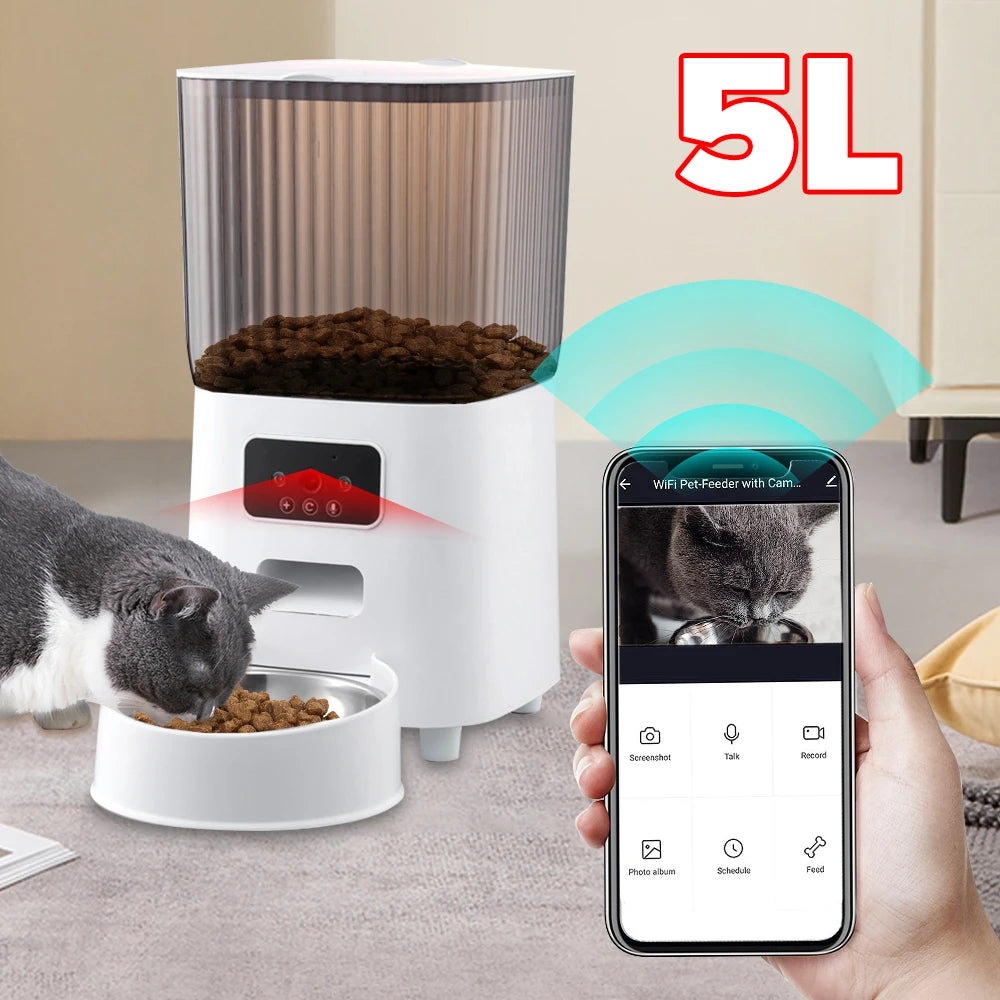 Automatic Cat Feeders with Pet Camera for Dog and Cat Night Vision Two Way Audio Video Smart WiFi Food Dispenser Remote Control