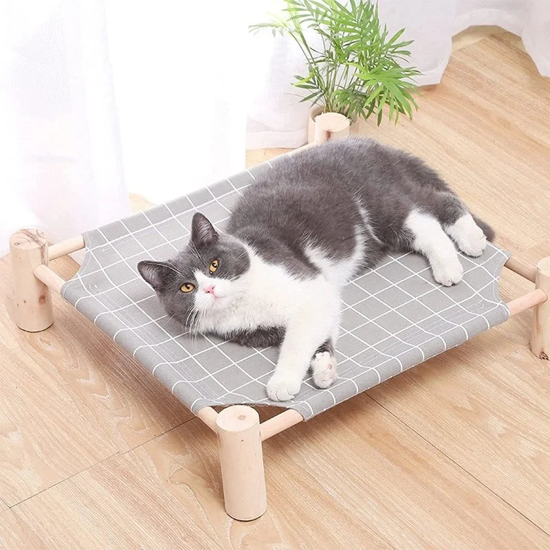 Cama hamaca para gatos y perros, hamaca de madera para gatos, cama de refrigeración elevada, cama portátil desmontable para mascotas para interiores y exteriores, adecuada