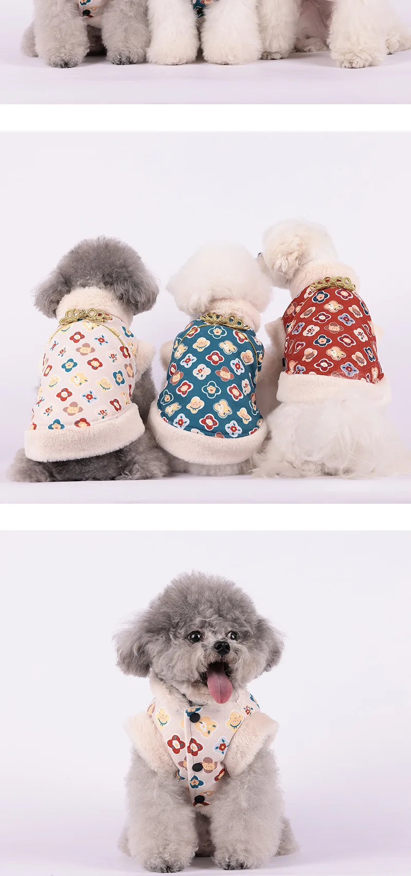 Winter Dog Jacket Vest for Small Dogs Chinese Style Cheongsam Dog Coat with Golden Knot Button Plush Fur Collar Puppy Clothing Fashion Style