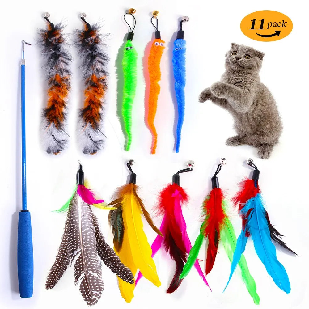 Juego de juguetes con plumas para gatos, cabezal de repuesto de plumas, palo retráctil para gato, productos para gatos, 11 Uds.