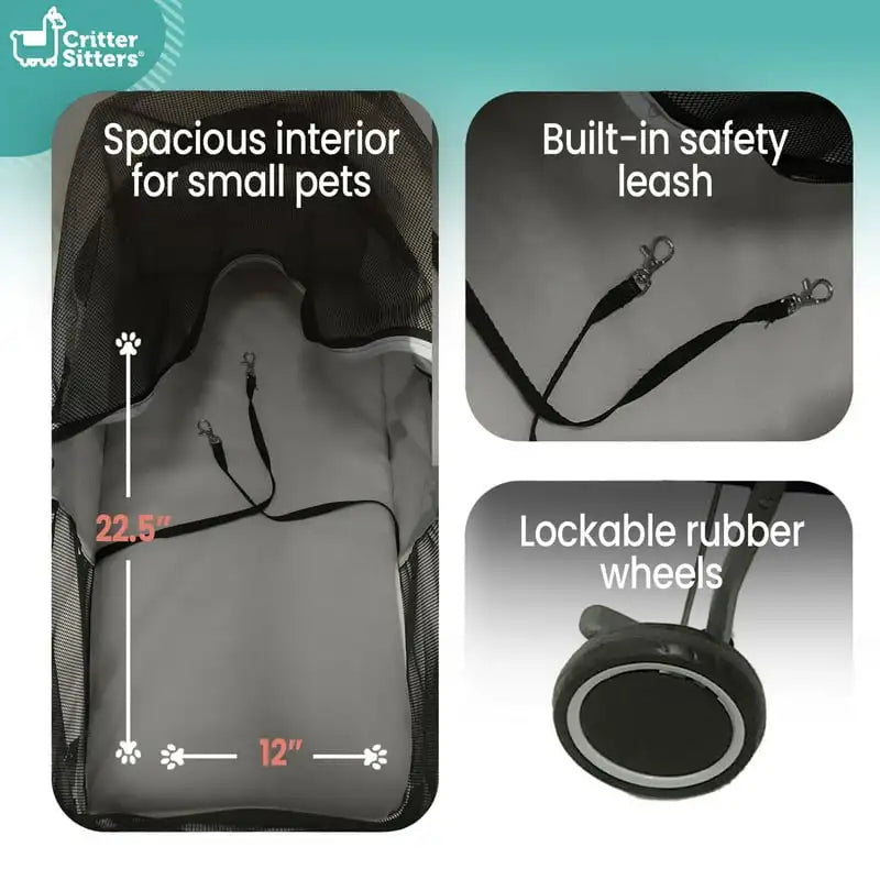 Cochecito gris de 4 ruedas para perros pequeños, gatos y conejos con ventanas de malla transpirable resistente a los arañazos y bolsa con correa de seguridad