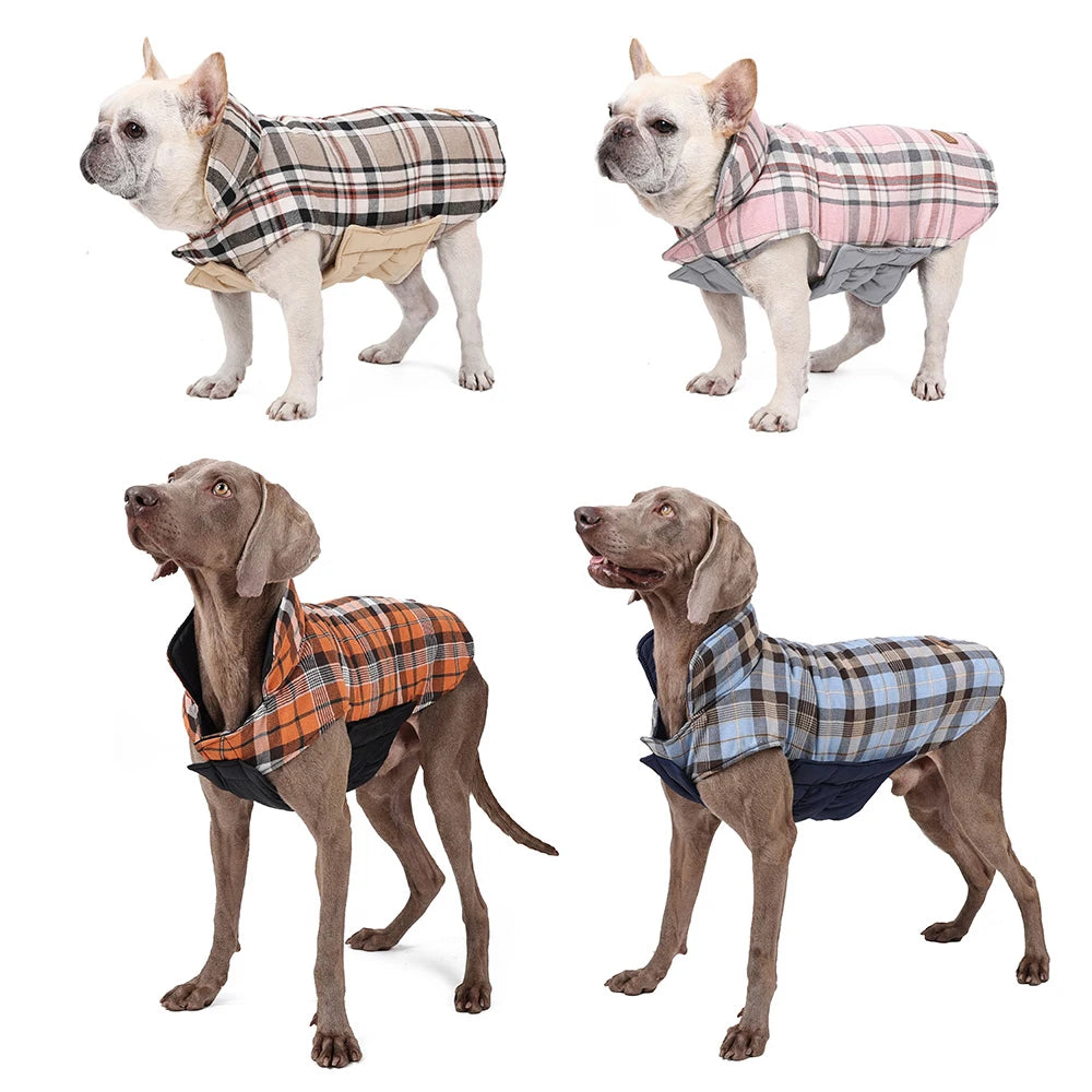 Waterproof Dog Jacket Checked Pattern Reversible Dog Clothes for Small Medium Large Dogs Soft Warm Dog Coat with Flexible Chest