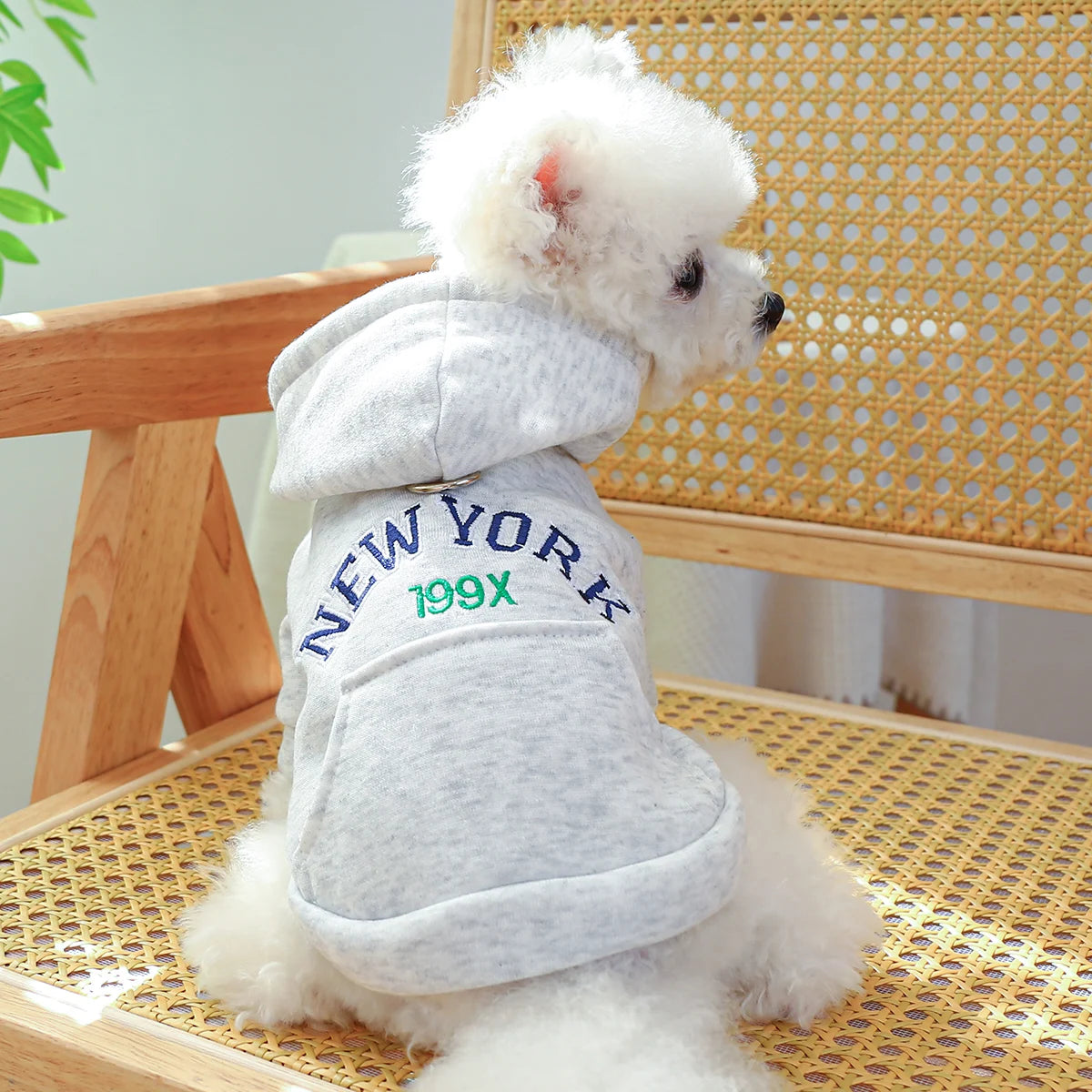 Ropa para mascotas, Abrigo con capucha informal gris con bolsillo de Nueva York, hebilla con cordón para perros pequeños y medianos, primavera y otoño, 1 ud.