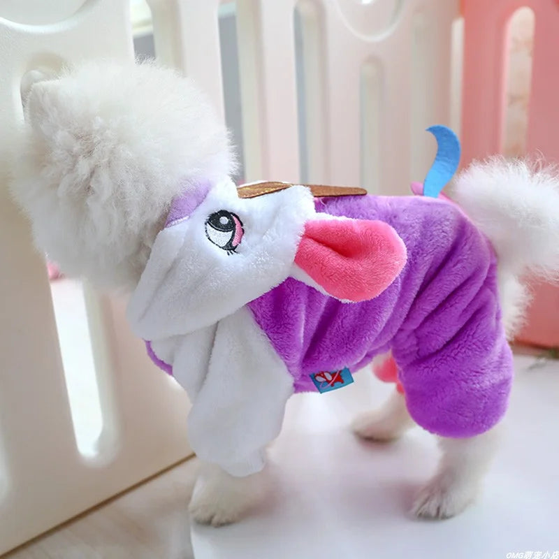 Ropa para mascotas, abrigo de cuatro patas rosa de unicornio grueso y cálido de felpa para otoño e invierno, adecuado para perros pequeños y medianos, 1 ud.