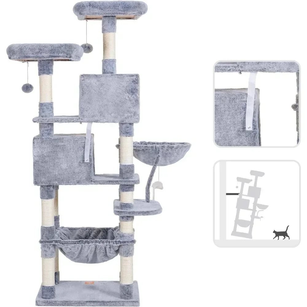 Arbre pour chats, hamac confortable et poteaux à gratter en sisal, tour à chat de 70 pouces de haut, avec jouet pour grands chats d'intérieur, produits pour animaux de compagnie