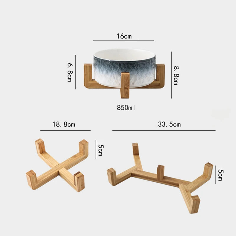 Bol en céramique pour chat de 850ml, Double mangeoires d'eau et de nourriture pour animaux de compagnie, dégradé pour chiens, bols à boire et à manger avec support en bois