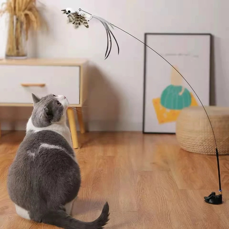 Pájaro de simulación interactivo divertido palo para gato juguete pluma peluda pájaro con campana ventosa palo para gato juguete gatito jugando accesorios para mascotas