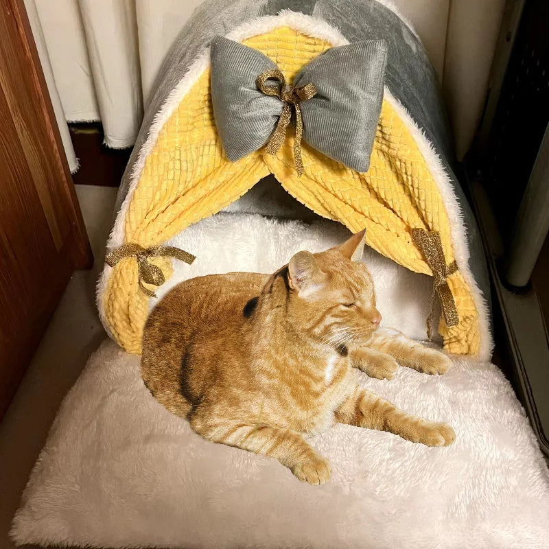 Luxurious Semi-Enclosed Cat Kennel Bed Teepee Tent Kennel Mattress Cute Decorative PP Cotton Filling Warm Breathable All Seasons