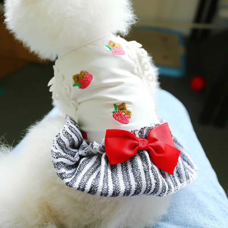 1PC Pet Apparel Dog Spring/Summer Thin White Embroidered Little Bear Pullover Stripe Dress For Small Medium Dogs