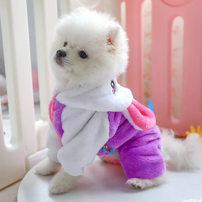 1PC Pet Apparel Dog Autumn Winter Plush Thickened and Warm Unicorn Pink Four Legged Coat Suitable for Small and Medium sized Dog