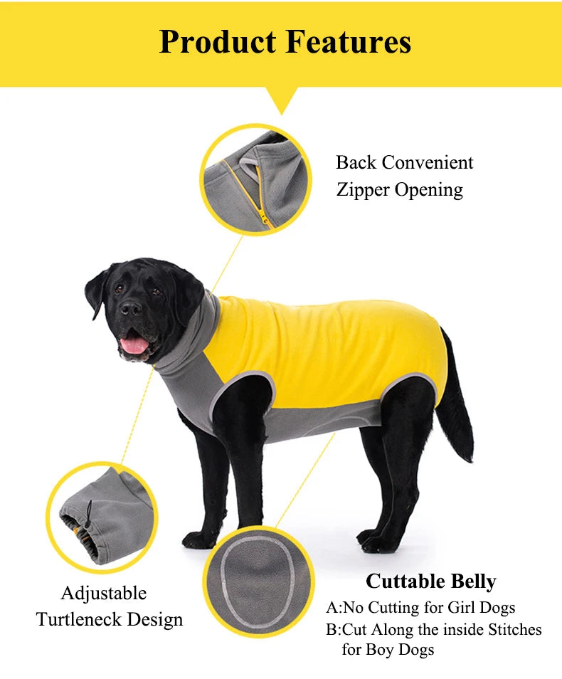 Winter Dog Recovery Suit Back Zipper Fleece Dog Clothes Cuttable Closed Tummy Sleeveless Turtleneck Pet Jumpsuit for Large Dogs Fashion Style