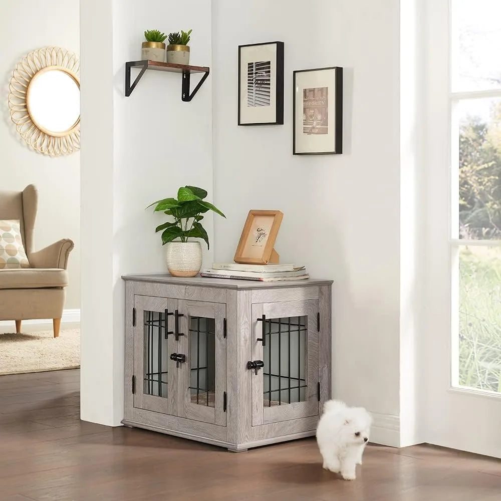 Mesa auxiliar con jaula para perros estilo muebles, perrera de alambre de madera con puertas dobles y cama para mascotas, casa decorativa para perros con jaula para mascotas